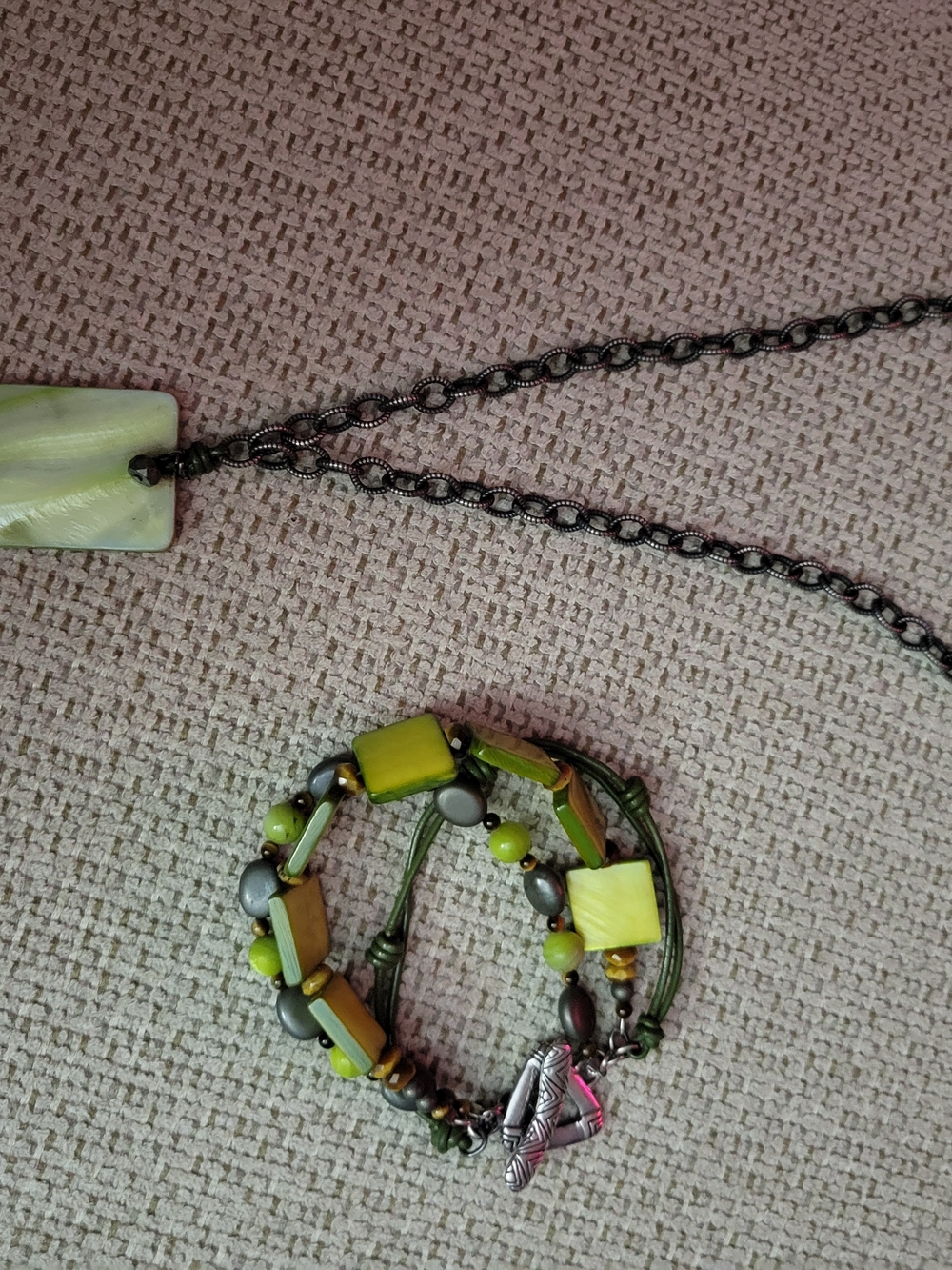 Silpada set Bracelet and Neclace. Green Multi-Bead with Rectangular Pendant